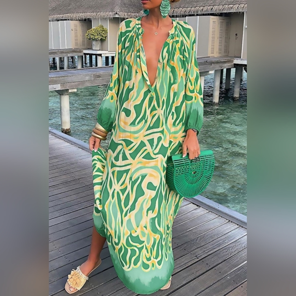 Green Abstract Button Chest Oversized Long Sleeve Dress Lightweight Colorful - Picture 9 of 10